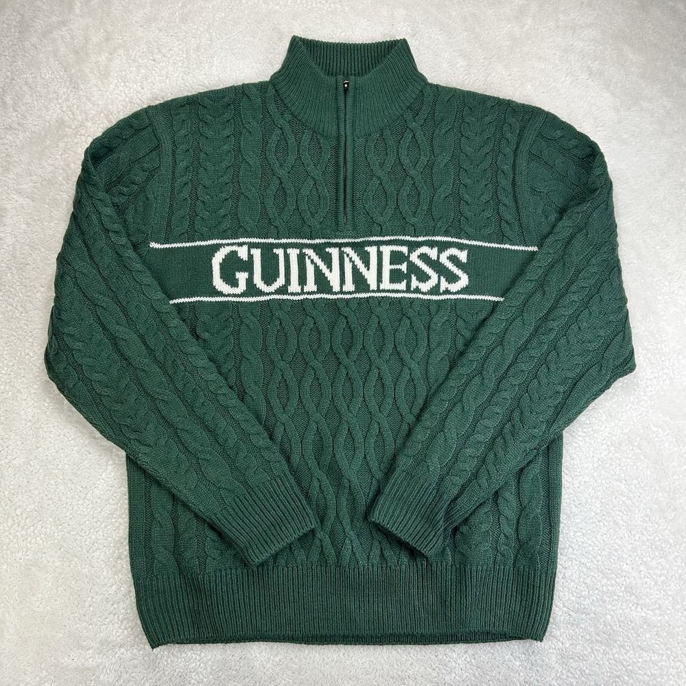 Vintage Guinness Green Cable-Knit Pullover Sweater Logo 1/4 Zip Mens XL VTG